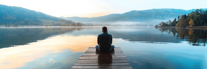A person sits peacefully on a lake dock during sunrise, representing the contemplative moments of a workcation and the balance between work and relaxation.