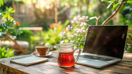 A serene setting for remote work with a laptop and a hot beverage on a wooden table surrounded by lush plants and morning sunlight. - obrazy, fototapety, plakaty