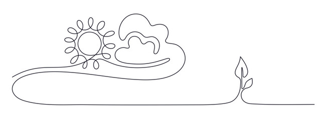 Sun, cloud sign. Single continuous line of sprout
