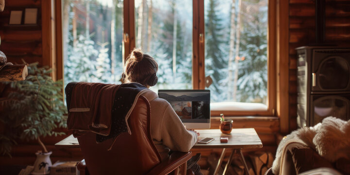 A person in headphones is having a video conference on their laptop in a cozy mountain cabin with a snowy view, perfect for depicting remote work life and winter workcation. - Powered by Adobe