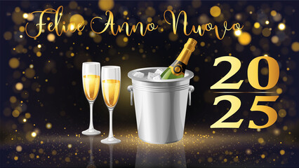 biglietto o striscione per augurare un felice anno nuovo 2025 in oro lo 0 è sostituito da un orologio e sulla destra due flute di champagne su sfondo sfumato nero e marrone - obrazy, fototapety, plakaty