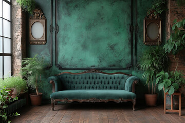 classic interior in dark green colors. vintage velvet sofa near emerald wall. Armrest of luxurious green sofa, close-up. Luxury vintage green couch in the room. Antique wood sofa couch.