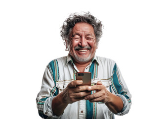 Joyful Man with Phone on Transparent Background - obrazy, fototapety, plakaty