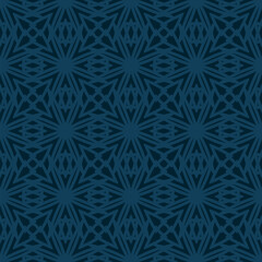 Abstract geometric mosaic ornament. Dark blue vector seamless pattern with grid, lattice, curved lines, ornamental shapes, floral silhouettes. Simple minimal background texture. Repeated geo design