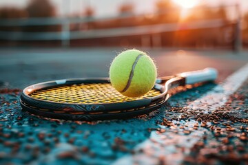 A tennis ball rests on a racket against the backdrop of a setting sun, highlighting the end of a day's match. - obrazy, fototapety, plakaty
