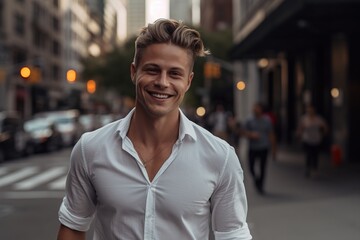 Fototapeta premium A man in a white shirt is smiling and standing on a city street