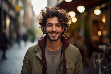 Obraz premium A man with curly hair is smiling and wearing a green jacket