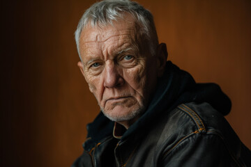 Obraz premium A man with gray hair and blue eyes is wearing a leather jacket