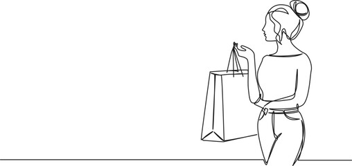 continuous single line drawing of woman with shopping bag, line art vector illustration