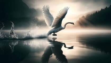 A swan in the midst of taking off from the misty waters of a calm lake. The swan's wings is fully extended