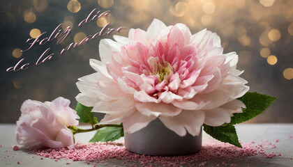 tarjeta o pancarta para desear un feliz Día de la Madre en color rosa con una flor rosa debajo en una maceta y otra colocada en el suelo sobre un fondo gris y dorado con círculos en efecto bokeh