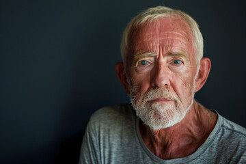 Obraz premium A man with gray hair and a beard is wearing a grey shirt
