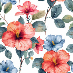 watercolor seamless pattern with tropical hibiscus flowers. pink flowers on white background