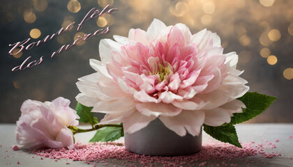 carte ou bandeau pour souhaiter une bonne fêtes des mères en rose avec en dessous une fleur rose dans un pot et une autre posée au sol sur un fond gris et or avec des ronds en effet bokeh