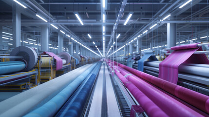 A modern textile factory with rows of looms and spinning machines, momentarily quiet but ready to produce fabrics of various colors and patterns