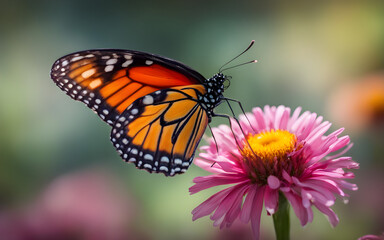 A delicate butterfly perched on a bright flower, symbolizing change and beauty, with a soft, blurred garden scene in the background
