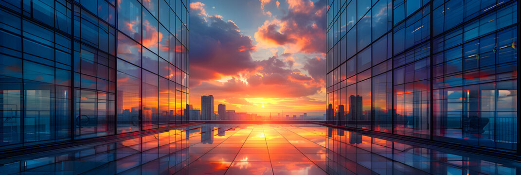 Modern Urban Architecture at Sunset,
Two glass buildings at sunset near a city

