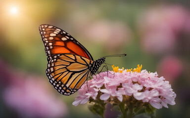 A delicate butterfly perched on a bright flower, symbolizing change and beauty, with a soft, blurred garden scene in the background