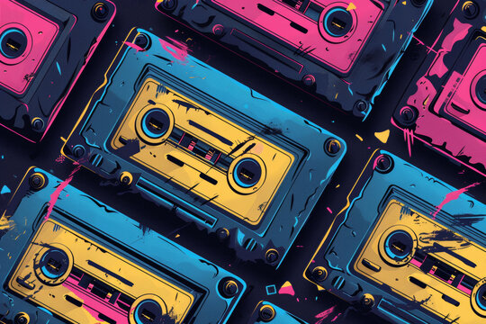 Illustration of retro cassette recorder 90s pattern, concept vintage, nostalgia background