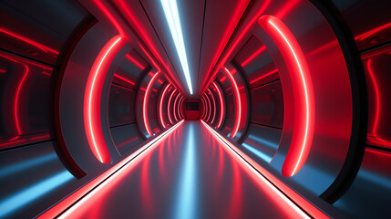 Futuristic spaceship interior corridor. A futuristic hallway leading to a bright doorway

