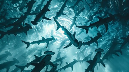 Graceful hammerhead sharks in crystal clear ocean waters     cinematic low angle shot - obrazy, fototapety, plakaty