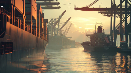 A busy ocean cargo terminal with container ships and cranes, currently dormant but ready to handle the transportation of goods