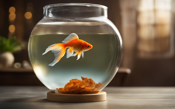 A goldfish in a clear bowl, symbolizing freedom and confinement, with a defocused living room in the background