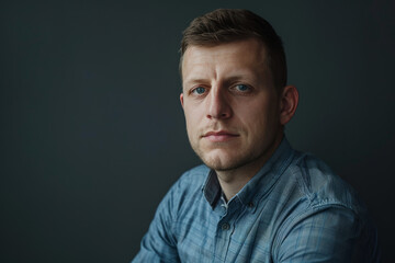 Fototapeta premium A man in a blue plaid shirt looks at the camera