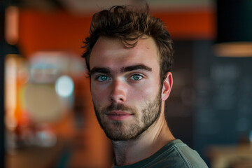 Obraz premium A man with a beard and green eyes looks at the camera
