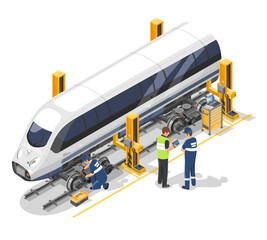 Electric train maintenance concept Vector Engineer and mechanic work together in garage station isometric isolated © AllahFoto