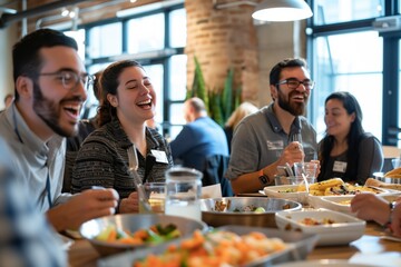 Coworkers laughing and sharing stories while enjoying a potluck-style lunch in a bright and inviting office space