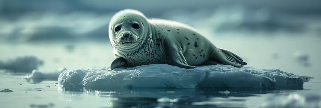Capturing the serene curiosity  baby seal pup on iceberg, sunlit gaze in cinematic photorealism