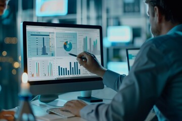 Analytical scene depicting a small business owner and a financial advisor analyzing financial data and performance metrics