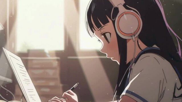 Cute lofi girl listening music working with computer laptop with her cute pat, Lofi loop anime animation.