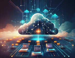 Futuristic illustration of cloud computing with laptops connected to a vibrant digital network - obrazy, fototapety, plakaty