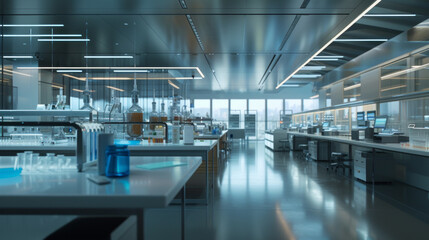 A state-of-the-art pharmaceutical research and development center with scientists' workstations and advanced testing equipment, momentarily unoccupied but ready to push the boundaries of medicine