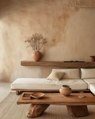 An intimate corner of a room with a clay-textured wall, showcasing rustic wooden furniture and a terracotta vase with dried flowers, evoking a serene, natural ambiance
