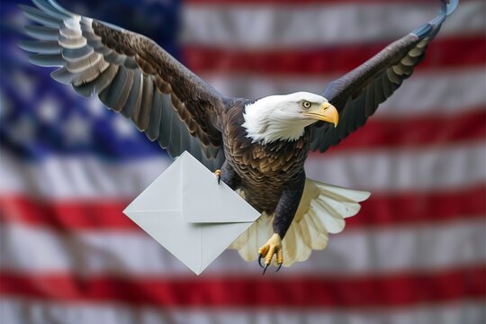 Bald eagle in flight with white envelope in his claws, US flag in the background, US election concept
