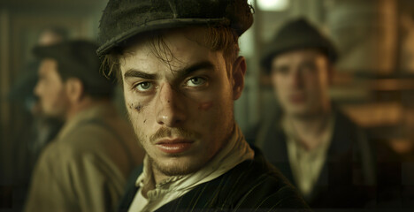 Obraz premium Portrait of male worker depicted on the busy streets of London in a 19th century urban setting. Man wearing rugged clothing immersed in the frenetic activity of the Victorian era.