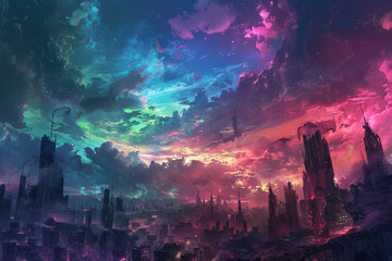 A colorful sky with a cityscape in the background