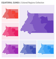 Equatorial Guinea map collection. Country shape with colored regions. Deep Purple, Red, Pink, Purple, Indigo, Blue color palettes. Border of Equatorial Guinea with provinces for your infographic.