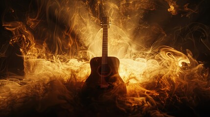 Envision a burning guitar set against a backdrop of roaring flames, capturing the intense energy and passion of the moment.