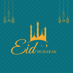 Naklejka premium Eid Mubarak greeting card, Eid Mubarak background, Islamic Eid festival greeting card with lamp, mosque, and moon, poster, banner.
