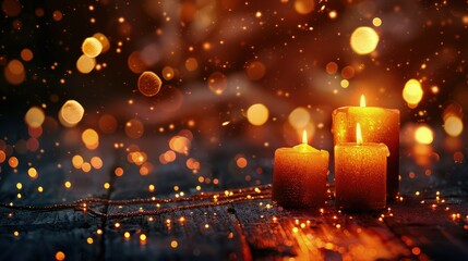 Burning candles illuminated against a bokeh background, casting a soft, comforting glow reminiscent of a tranquil night.