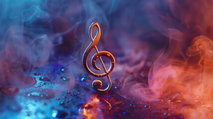 Musical background notes intertwining with vibrant, colorful smoke, creating an ethereal ambiance of auditory and visual harmony. - obrazy, fototapety, plakaty