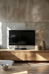 Cabinet TV in modern living room on concrete wall background