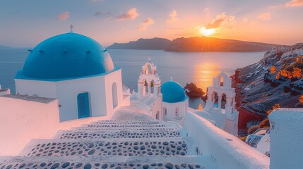 Sunset Over Santorini Iconic Blue Dome Churches.