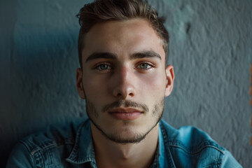 Fototapeta premium A close up of a man 's face with a blue shirt on