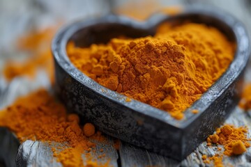 A Close-Up View of Organic Turmeric Powder in Heart-Shaped Bowl. - Powered by Adobe
