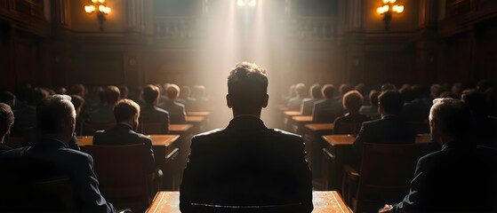 Defendant Awaits Verdict in Solemn Courtroom Ambience. Concept Courtroom Drama, Legal Proceedings, Defendant's Fate, Solemn Atmosphere - obrazy, fototapety, plakaty
